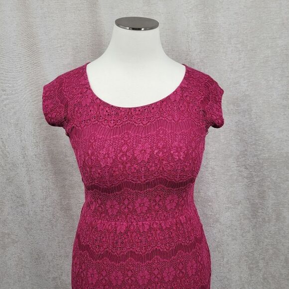 Garnet Hill Raspberry Pink Lace Dress Cap Sleeves Sheath Midi - Picture 2 of 14